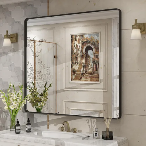 Miniatura 76 de Paquete de 2 espejos de baño con marco de metal negro de 22 x 30 pulgadas, espejo rectangular redondeado negro mate, antioxidante, se cuelga