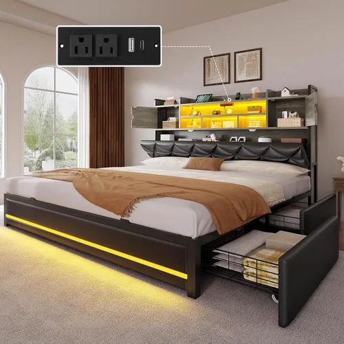 Miniatura 14 de DWVO Base de cama tamaño Queen con luces LED RGB y cabecera de estantería de almacenamiento, cama tapizada con estación de carga y 4 cajones,