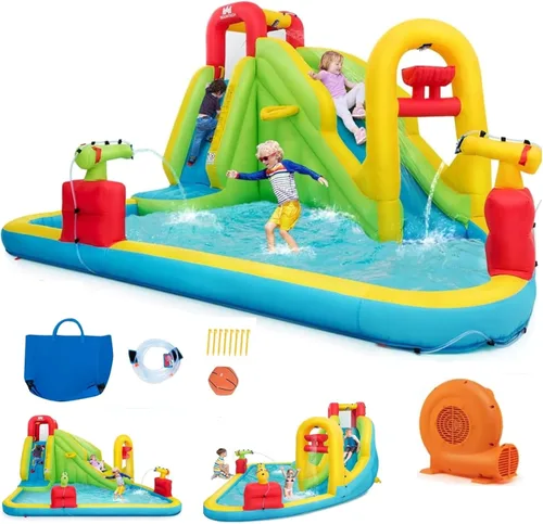 Miniatura 10 de BOUNTECH - Juego inflable 7 en 1, con tobogán acuático, pared de escalada, cañones de agua, aro de baloncesto, alberca poco profunda, incluye bolsa