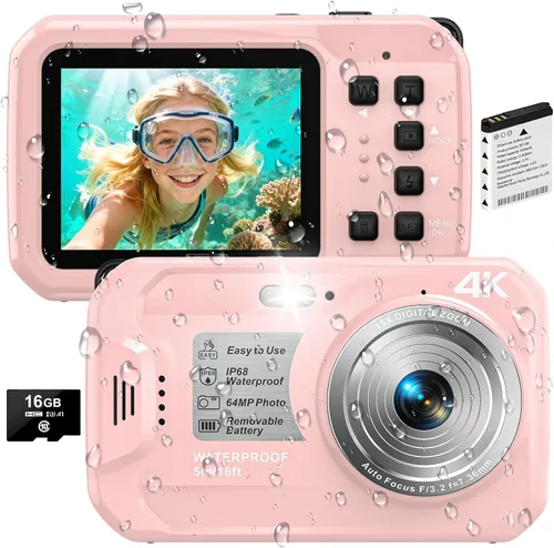 Miniatura 8 de Cámara subacuática 4K, cámara digital impermeable de 64 MP y 16 pies con tarjeta de 16 GB, cámara impermeable flotante