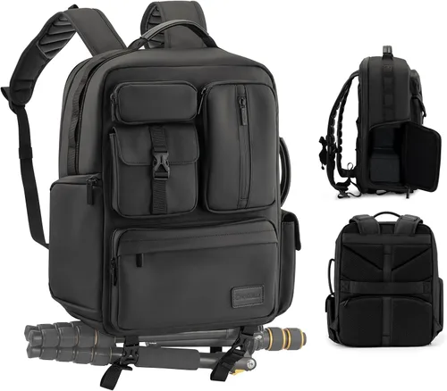 Cwatcun Mochila para cámara DSLR/SLR/SLR/sin espejo para fotógrafos, funda de piel impermeable con soporte para trípode y portátil compatible con