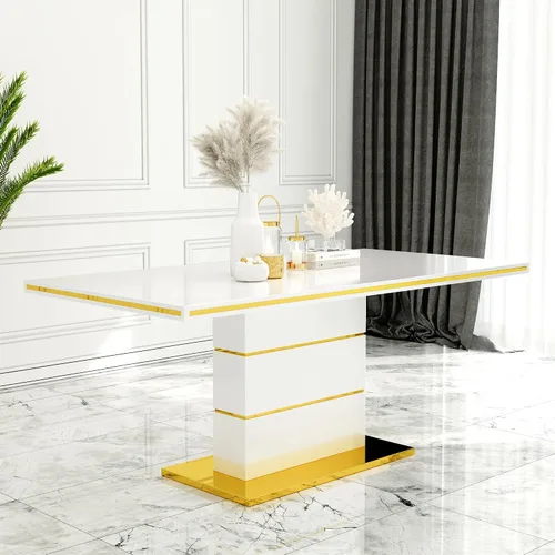 Miniatura 13 de Mesa de comedor moderna negra para 6 personas, mesa de cocina rectangular de 63 pulgadas con acabado lacado dorado y base de pedestal de acero