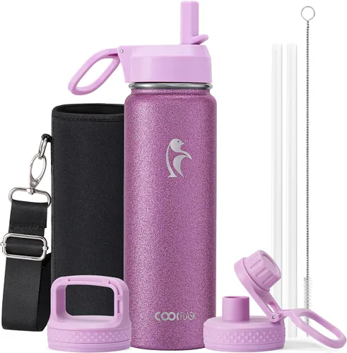 Miniatura 66 de Coolflask Botella de agua de 20 onzas aislada con pajilla, 3 tapas de metal de acero inoxidable, botella de agua de boca ancha para deportes u