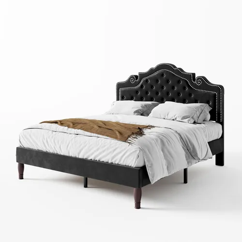 Miniatura 8 de WEEWAY Base de cama de plataforma de tamaño matrimonial con tiara ajustable de terciopelo, cabecero curvado y alta resistencia, botón tapizado