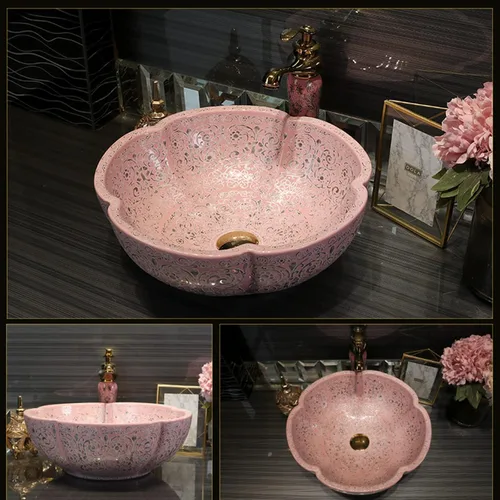 Miniatura 4 de Fregaderos de baño estilo sureste asiático en color rosa, fregadero de cerámica artística para encimera de tocador, sobre encimera plateado