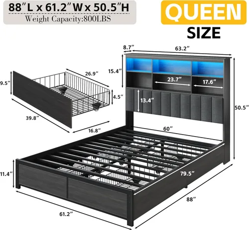Miniatura 2 de Lifezone Bastidor de cama Queen con cabecera, base de cama Queen con estante de almacenamiento alto con cabecera, 4 cajones de almacenamiento y gris