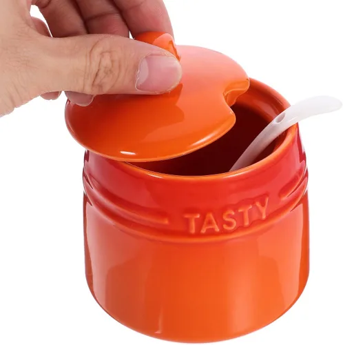 Miniatura 3 de Kichvoe Tarro de condimento de cerámica con cuchara de 2.24 pulgadas de porcelana para sal y azúcar para encimera de cocina, contenedor