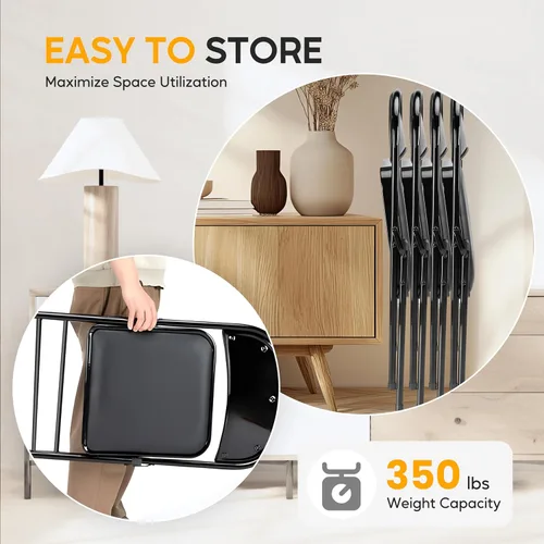 Miniatura 5 de Simple Deluxe Juego de 2 sillas de comedor, cojín de cuero, plegable, moderno, para cocina, con respaldo acolchado y patas de metal, asiento Negro