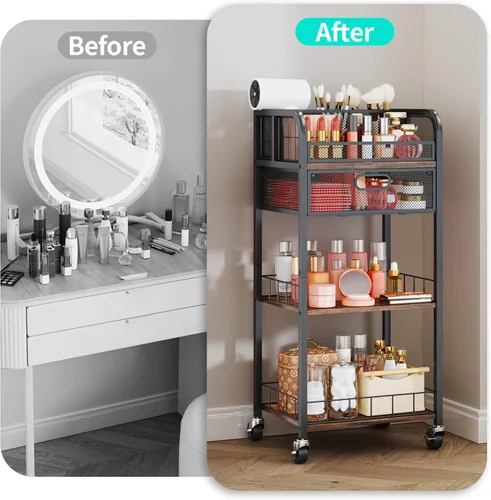 Miniatura 9 de HapiRm Organizador de maquillaje, carrito de almacenamiento de 4 niveles para el cuidado de la piel con cajón, carrito de maquillaje rodante