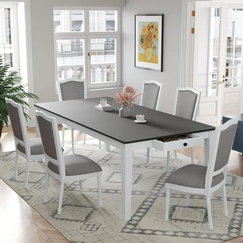 Miniatura 16 de JIVOIT Farmhouse 6 Piece Dining Table Set, Counter Height Table Set with 4 Chairs and a Bench, Rubber Wood Expandable Bar Table Set with Rivet Gris-3