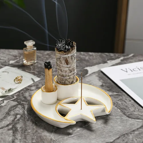 Miniatura 7 de Quemador de incienso de cerámica 4 en 1, soporte de salvia con asa, soporte de salvia para quemar, soporte de Palo Santo, quemador de salvia y palo