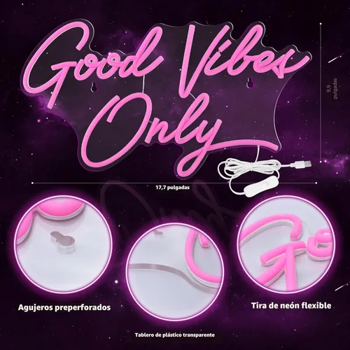 Miniatura 3 de Kavaas Letreros de neón Good Vibes Only para decoración de pared de 17.7" x 9.9" Letrero LED rosa Good Vibes Only para dormitorio, fiesta, bar