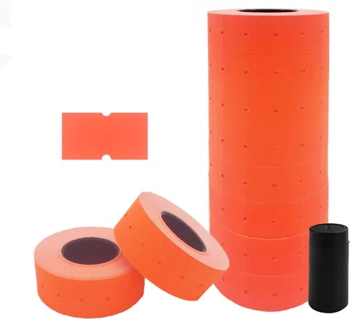 Motex Etiquetas de 1 línea: 8,000 etiquetas rojas fluorescentes para pistola de precio y fecha con 1 rollo de tinta, se adapta a pistolas MX-5500 y
