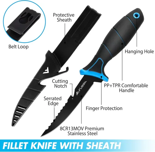 Miniatura 2 de FLISSA Juego de cuchillos de filete, cuchillo deshuesador y cuchillos de cebo con afilador, funda protectora, clip para cinturón, mango