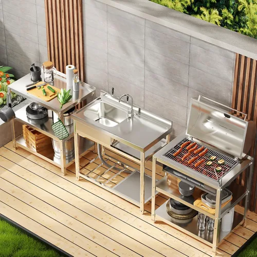 Miniatura 6 de ROOMTEC Juego de fregadero de acero inoxidable 304, fregadero de cocina de restaurante comercial, fregadero al aire libre con banco de trabajo
