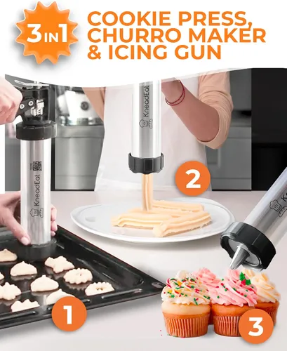 Miniatura 3 de KneadEat Premium Kit de 68 piezas para hacer churros - Pistola de prensa de galletas tipo spritz - Pistola de glaseado. 12 discos para galletas
