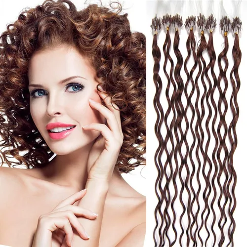 Miniatura 9 de Micro Link - Extensiones de cabello rizado con micro anillo, punta de bucle, cabello humano Remy real, color marrón oscuro, 20 pulgadas, 100 s #02