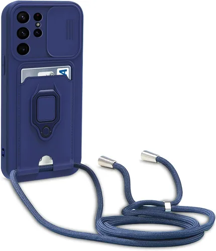 Miniatura 7 de Funda con correa cruzada para Samsung Galaxy S22 Ultra 5G con tarjetero y soporte de anillo magnético, cordón ajustable de silicona a prueba de Negro