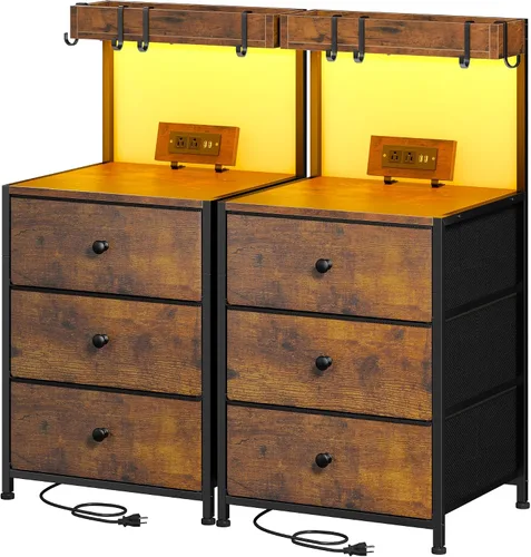 Miniatura 13 de EnHomee Mesita de noche alta con estación de carga y mesita de noche LED con 3 cajones, mesa de noche con cajones y tomas de corriente, mesita