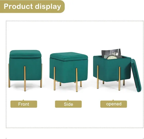 Miniatura 6 de Otomana cuadrada de almacenamiento de terciopelo, taburete de tocador multifunción, reposapiés, patas de metal de alto soporte, color verde pavo real
