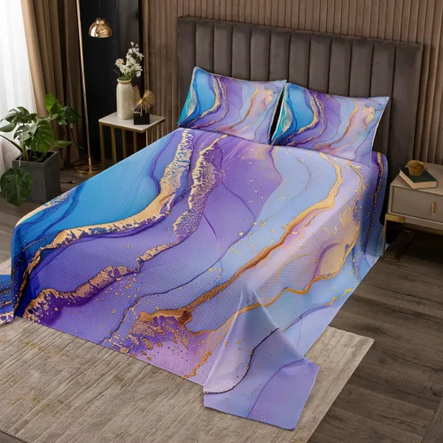 Erosebridal Juego de colcha de mármol tamaño Queen con diseño de mármol morado y azul, juego de edredón de lentejuelas bronceadas con grano de Multi