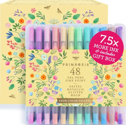 Primrosia 48 bolígrafos de gel con purpurina, incluidos metálicos, pastel y fluorescentes, para libros de colorear y bolígrafos de diario de