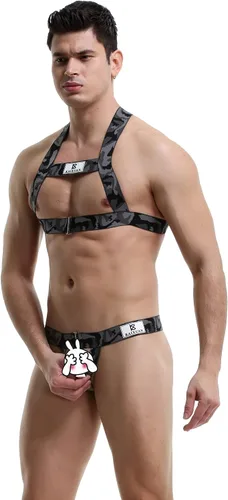 Miniatura 4 de Swbreety Arnés para hombre, camiseta sin mangas de camuflaje para el pecho, correa para el pecho, disfraces, camiseta muscular y tanga con anillo