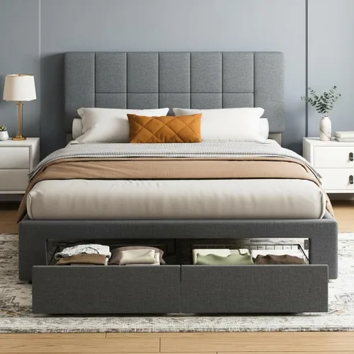 Miniatura 9 de Marsail Base de cama de tamaño individual con cabecero, tapizado, ajustable de 6 a 12 pulgadas, capacidad de 1300 libras, diseño de madera
