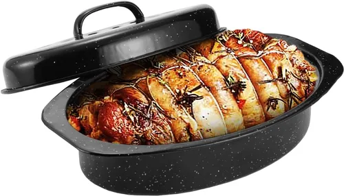 Miniatura 8 de JY COOKMENT Sartén para asar granito, pequeña sartén esmaltada de 13 pulgadas con tapa abovedada. Olla ovalada para pavo, sartén para asar, ideal
