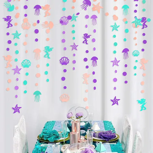 Miniatura 4 de Decoraciones de fiesta de sirena de 52 pies, guirnalda púrpura, verde azulado y coral con medusas, conchas marinas, estrellas de mar, perlas