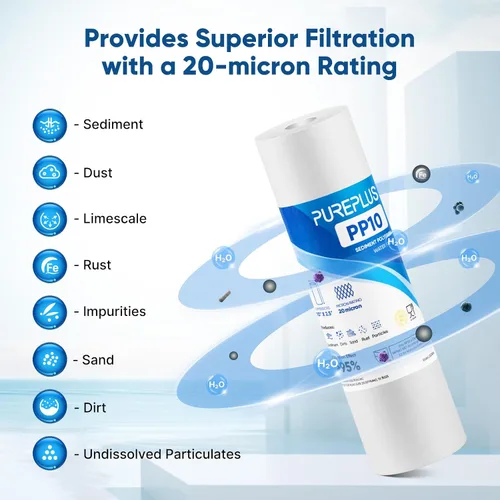 Miniatura 6 de PUREPLUS Cartucho de filtro de agua para sedimentos para toda la casa de 20 micrones, 10 x 2.5 pulgadas, repuesto para cualquier unidad de RO de 10