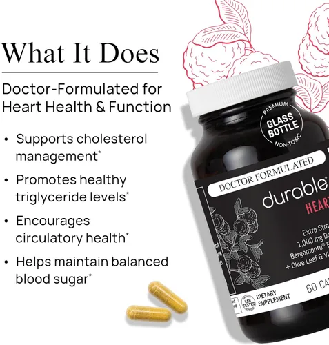 Miniatura 3 de Durable Heart Bergamonte - Bergamota cítrica de 1000 mg + hoja de olivo y vitamina C fórmula cardiovascular saludable para velocidad y presión