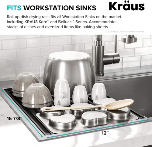 Miniatura 4 de Kraus Multiusos Escurreplatos Enrollable para Fregadero con Colador y Esterilla en Aqua, KRM-11AQ