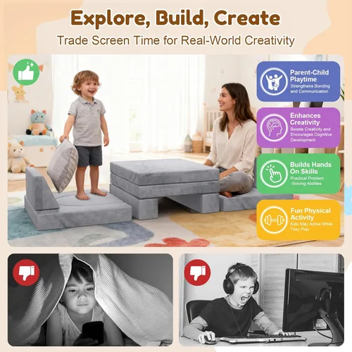 Miniatura 5 de Sofá para niños BIERUM, sofá modular para niños de 12 piezas con manta, sofá para niños para sala de juegos y interior, sofá convertible para niñas