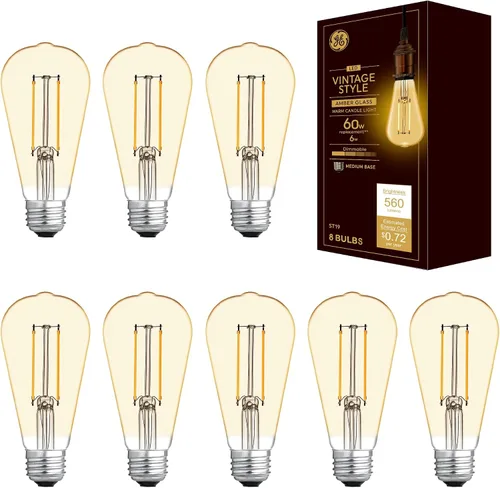 Miniatura 8 de GE Bombilla LED ST19 de estilo vintage, bombilla estilo Edison, vidrio ámbar, repuesto de 60 vatios (paquete de 16)