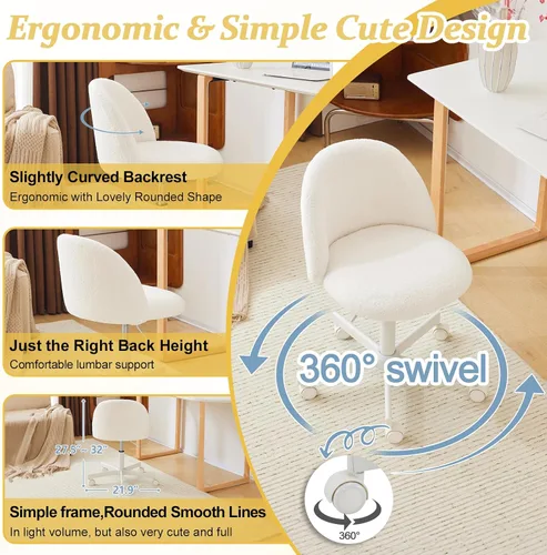 Miniatura 7 de VINGLI Silla de tocador moderna con respaldo, silla de escritorio de terciopelo para niñas, silla de oficina pequeña con ruedas silenciosas, Blanco