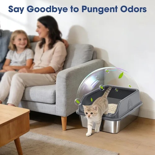 Miniatura 7 de Pequeña caja de arena de acero inoxidable con tapa para gatitos, cajas de arena de metal para gatos y conejos cerradas de alta cara para gatos
