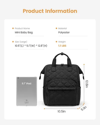 Miniatura 9 de LOVEVOOK Mochila pequeña para pañales, mini bolsa de bebé para niña y niño con cambiador, mochila para pañales para mamá papá con hebillas para Negro