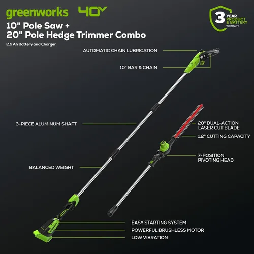 Paquete de sierra de poste inalámbrica Greenworks de 40 V y 8 pulgadas con accesorio para cortasetos, batería de 2.0 Ah y cargador incluido +