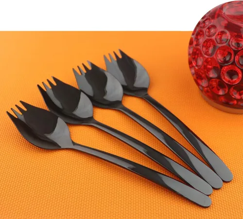 Miniatura 6 de 4 tenedores negros para uso doméstico, campamento, viajes, senderismo, cuchara de acero inoxidable 18/10, cuchara de postre de fideos, juego