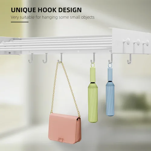 Miniatura 4 de Tendedero de secado para ropa, montaje en pared, plegable, plegable, capacidad de 60 libras, 5 postes de aluminio con 6 ganchos, ahorro de espacio