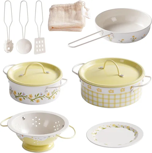 Miniatura 9 de ROBUD Juego de Ollas y Sartenes para Niños, Accesorios de Cocina para Jugar, Ollas y Sartenes de Metal en Crema Azul, Juego de Cocina para Niños