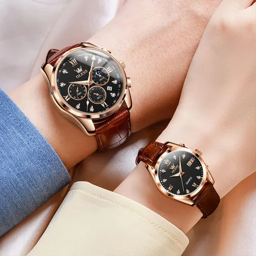 Miniatura 19 de OLEVS Juego de 2 relojes de cuarzo para parejas de San Valentín, para él y ella, cronógrafo de cuero, con diamantes para hombres, mujeres, amantes