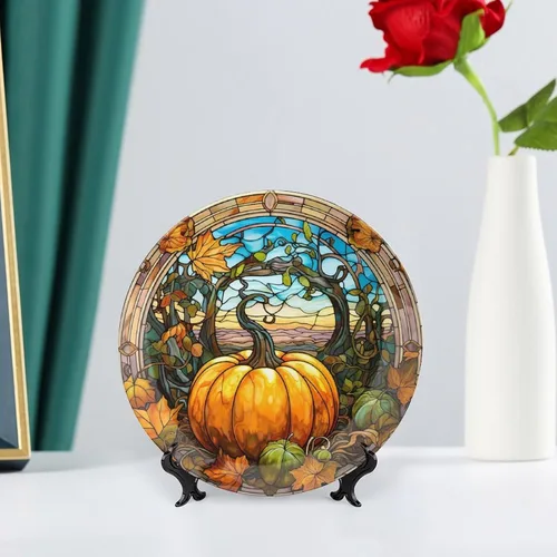 Miniatura 6 de Platos decorativos para colgar en la pared, placa de cerámica con diseño de cristal manchado de arce y calabaza con soporte de exhibición, Diseño