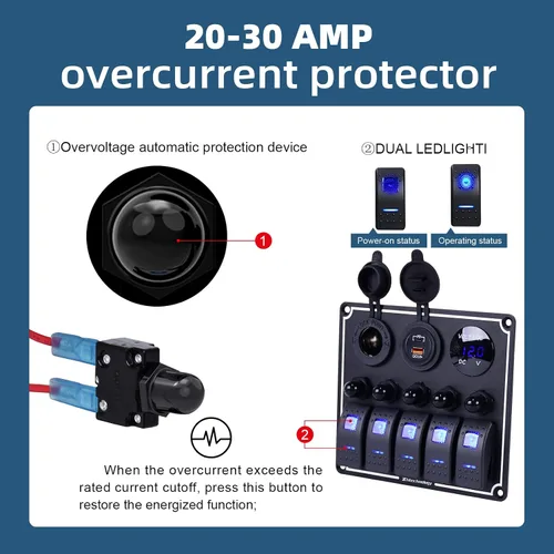 Miniatura 3 de Panel de interruptores de barco marino de 5 posiciones con cargador USB dual y voltímetro, panel de interruptores basculantes de aluminio