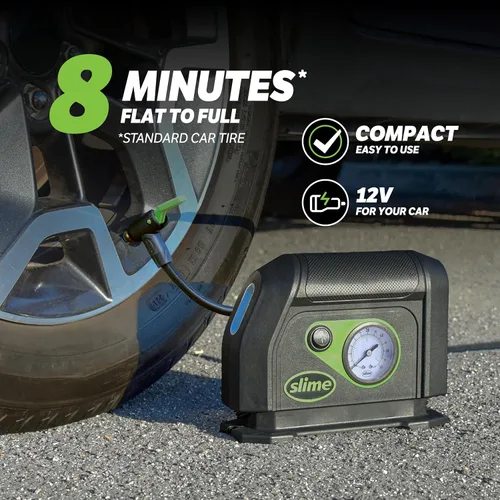 Miniatura 3 de Slime 40050 Inflador de Neumáticos, Compresor de Aire Portátil para Auto, con Dial Analógico de 100 psi, Manguera Larga y Luz LED, 12V, Inflado de 8