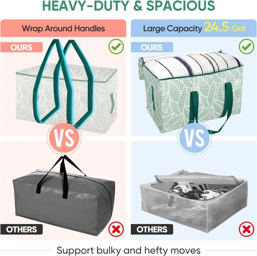 Miniatura 4 de BALEINE Paquete de 2 bolsas de mudanza de gran tamaño con asas reforzadas, bolsa de almacenamiento resistente para ropa, suministros de mudanza