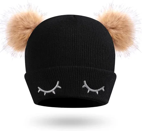 Miniatura 2 de Muryobao Gorro de invierno para mujer, suave y cálido, con cierre de calavera, con doble pompón, orejas