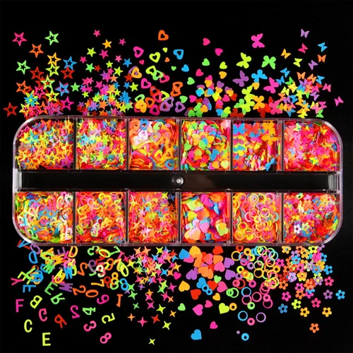 Miniatura 5 de Juego de 12 cuadrículas coloridas con diseño de corazón para uñas, lentejuelas con purpurina 3D, holográfico, paquete mixto, diseños de letras