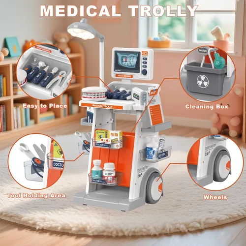 Miniatura 5 de RedCrab Kit de Doctor para Niños, Juego de Doctores para Niños de 32 Piezas con Carrito Médico, Estetoscopio, Termómetro y Jeringa, Juguete de Juego
